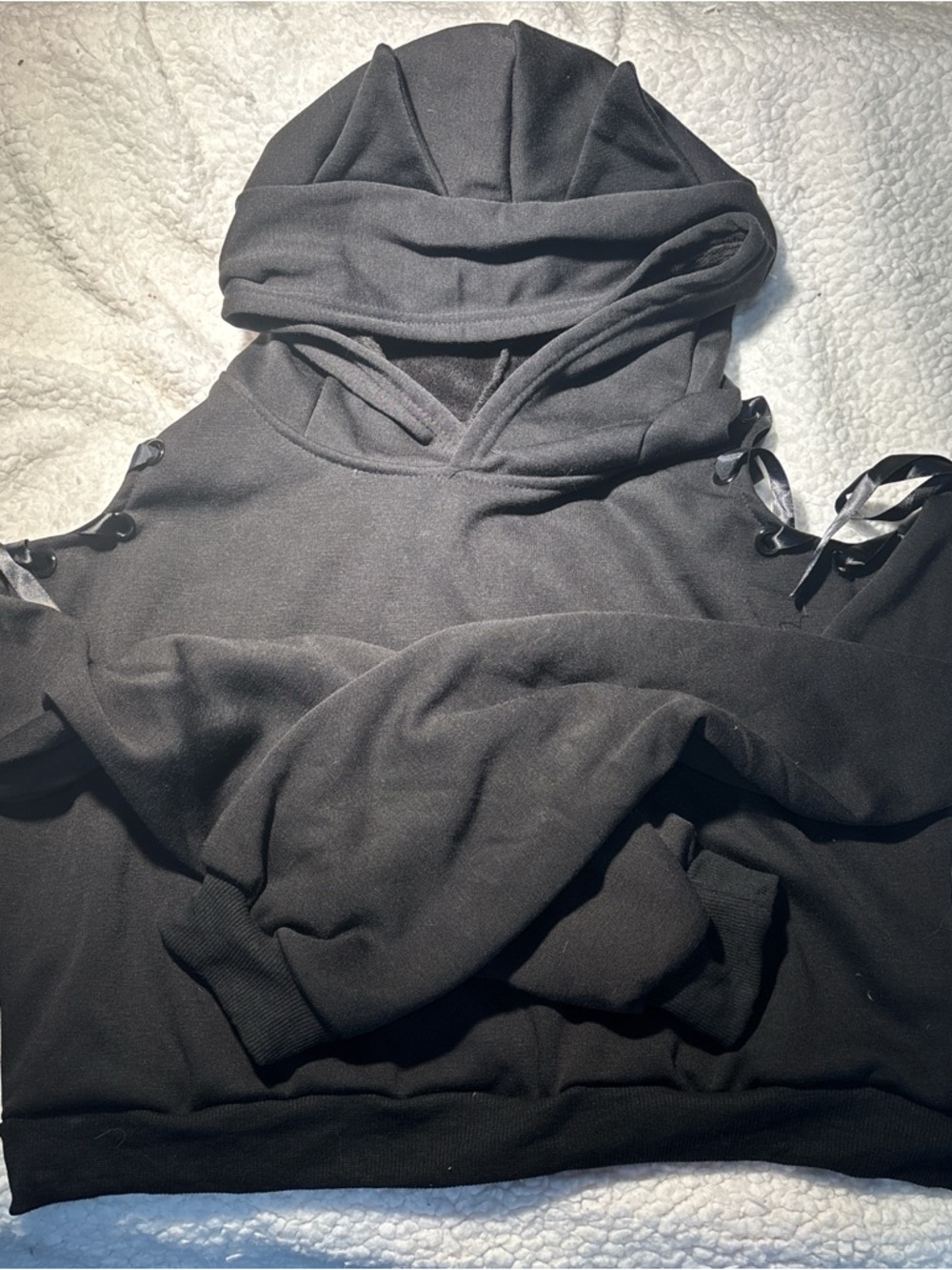 Black Cat Ear Hooded Cropped Sweatshirt with Ribbon Lace-Upped Shoulder Detail